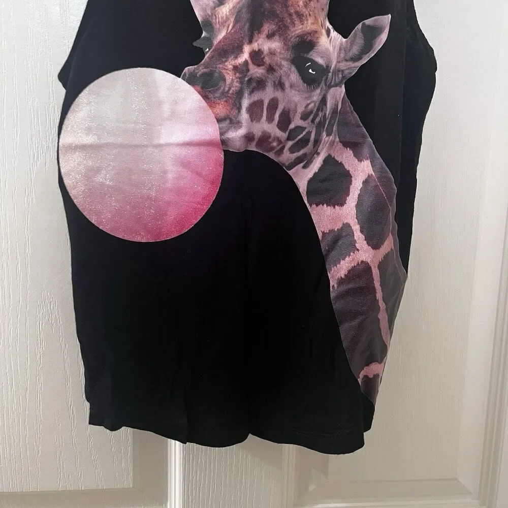 H&M Giraffe Blowing Bubble Gum Black Tank Top Girls Size 10-12 yrs